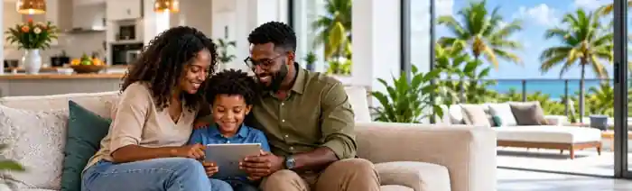 Family together on a light sofa using a tablet